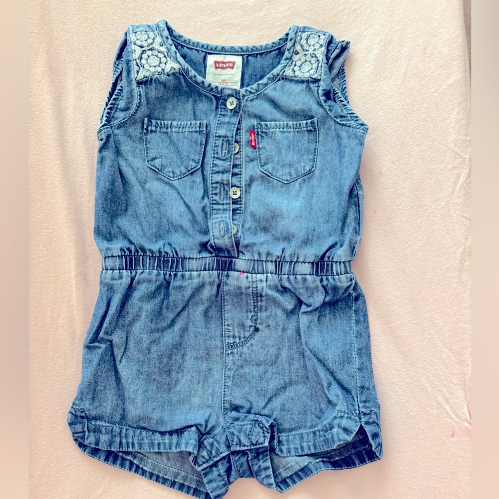 Levi’s 18m jean romper/bodysuit with lace detail.